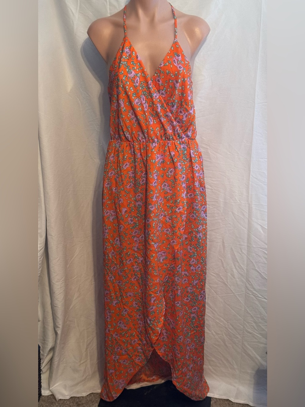 Orange with purple Floral Halter Maxi Dress - Lightweight Summer Dress M